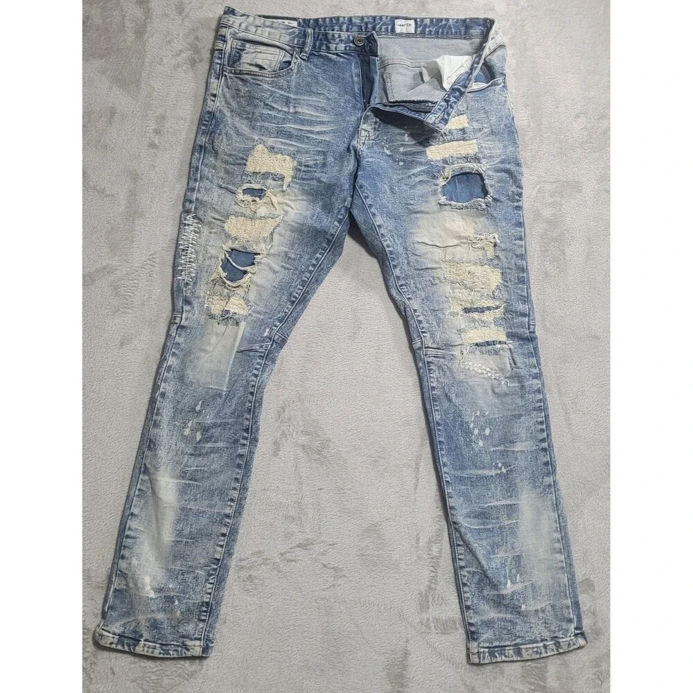 Smoke Rise Jeans Mens 38x34 Blue Light Wash Distressed Ripped Tapered Denim
